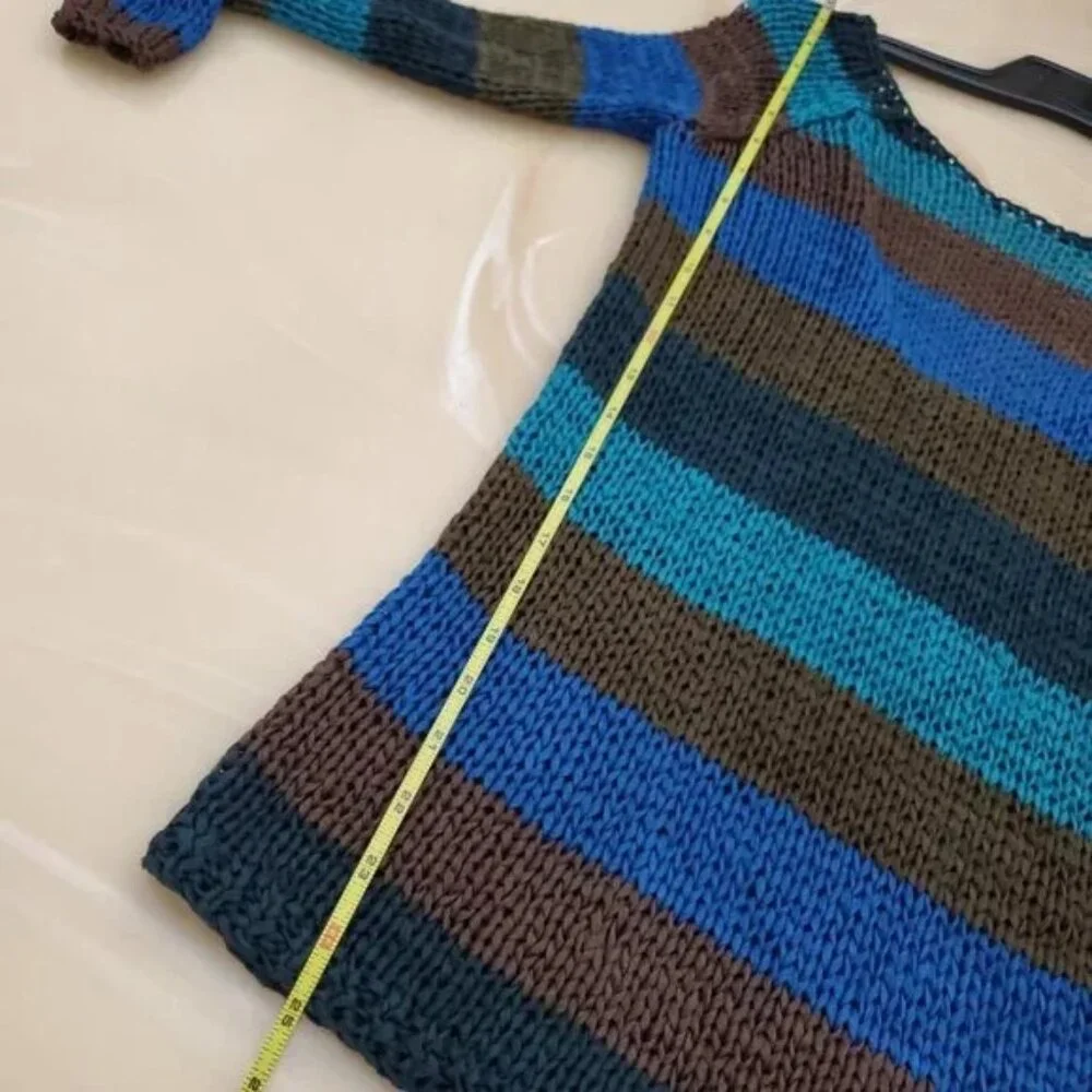 Theory Striped Knit Yarn Crochet Scoop Back Academia Edgy Grunge Sweater